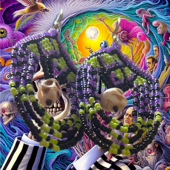 Handcrafted Beetlejuice Themed Howlite Skull Stone & Glass Bead Earrings - Picture 2 of 4